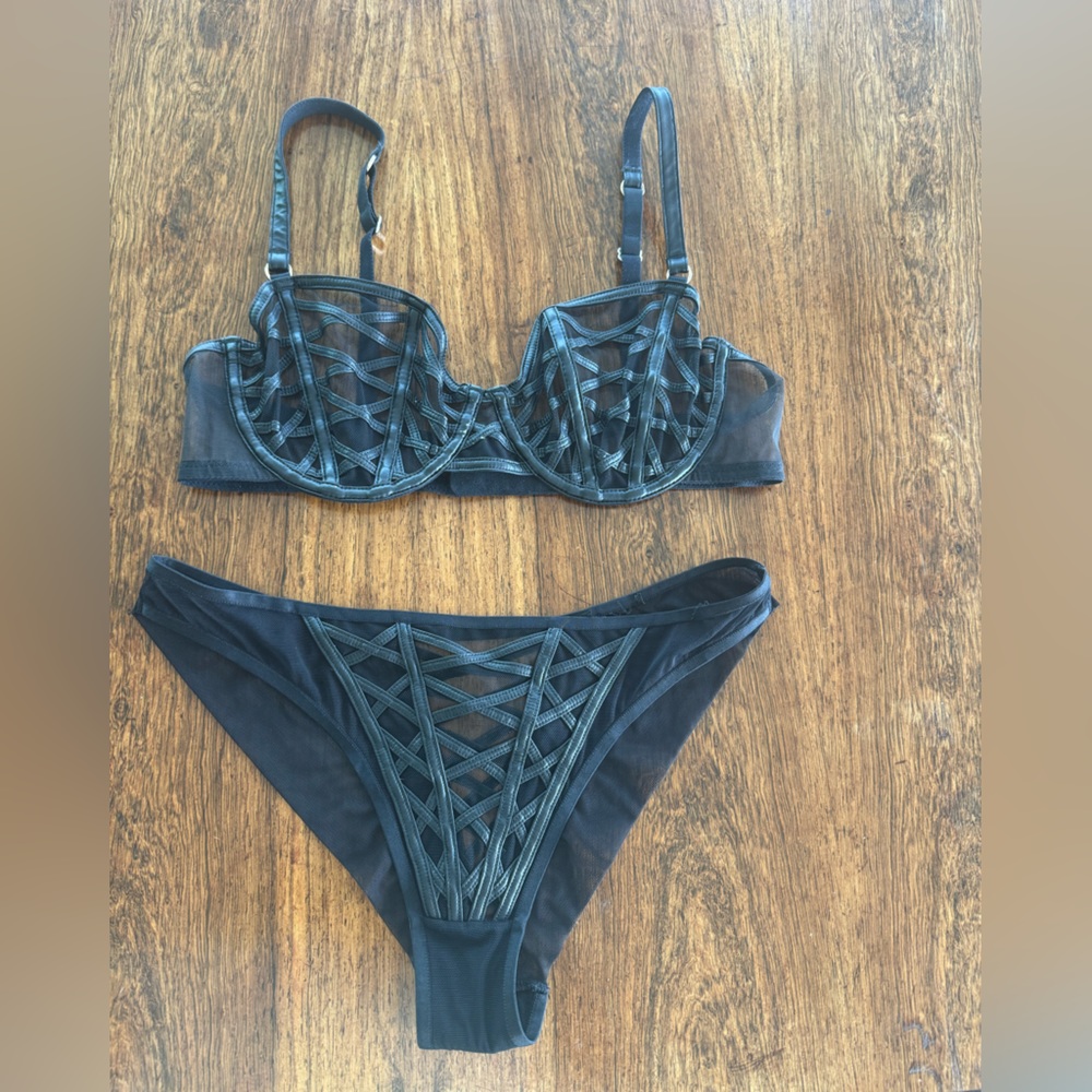 Honey Birdette Black Faux Leather Lingerie Set 36C and Medium